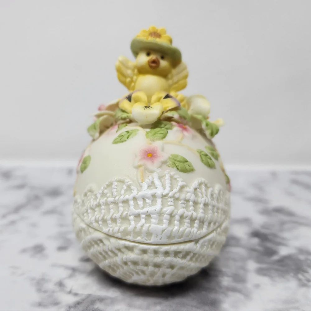 Decorative Egg with Yellow Chick and Flowers Trinket Box